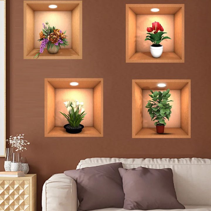 3D Flowers Vase Wall Sticker (Pack of 4)