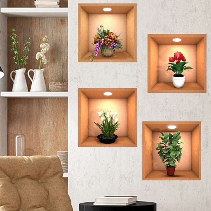 3D Flowers Vase Wall Sticker (Pack of 4)